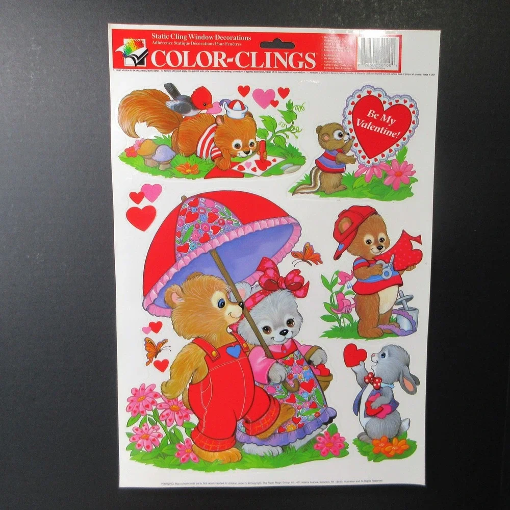 Vintage COLOR-CLINGS Valentine's Day Static Window Clings Decorations Animals